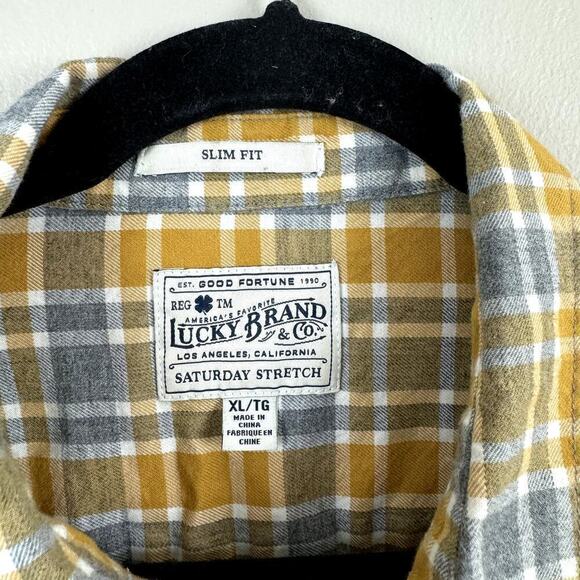 Lucky Brand Men's Grey & Yellow Flannel Button Up Shirt XL - Picture 2 of 8